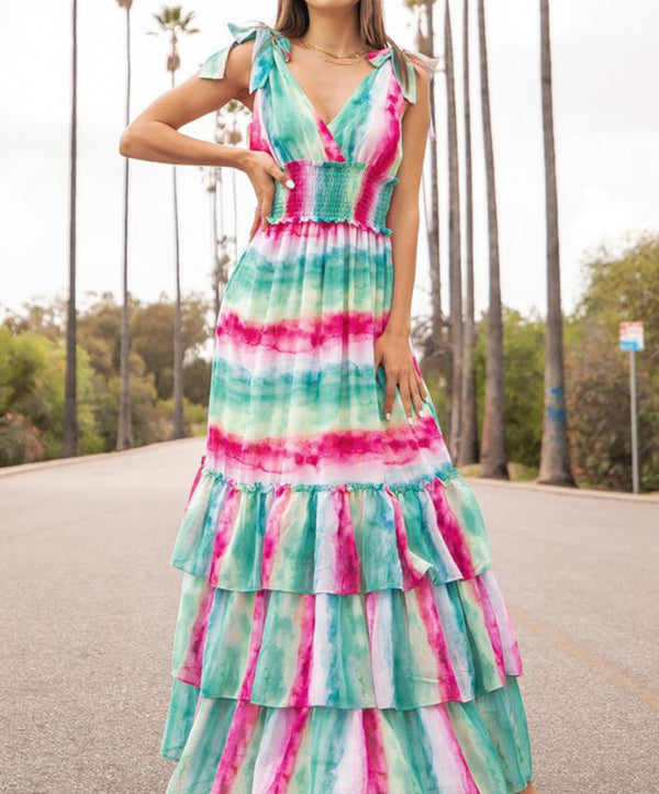 The Shelby Dress: Shoulder Tied Ruffled Colorful Maxi Dress - MomQueenBoutique