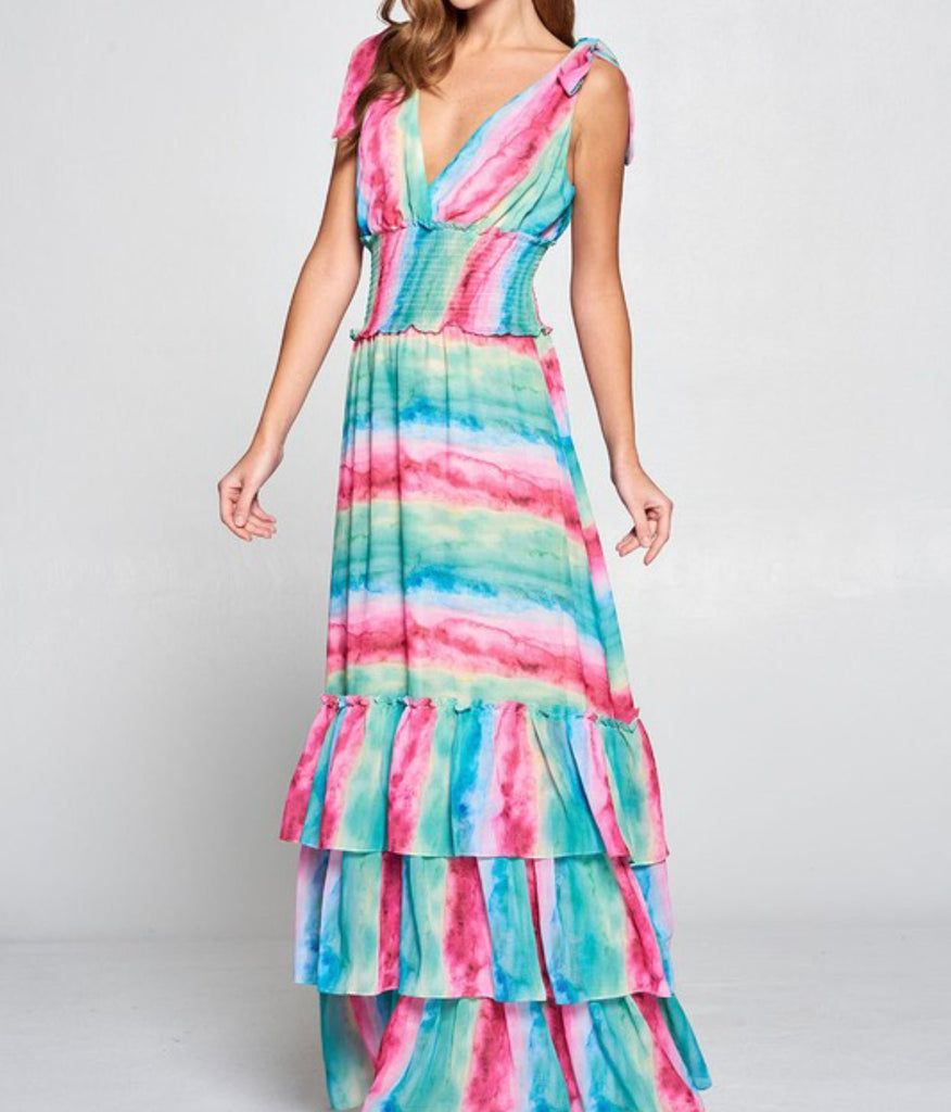 The Shelby Dress: Shoulder Tied Ruffled Colorful Maxi Dress - MomQueenBoutique