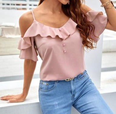 The Sherry Blouse: Pink Off The Shoulder Ruffle Top - MomQueenBoutique