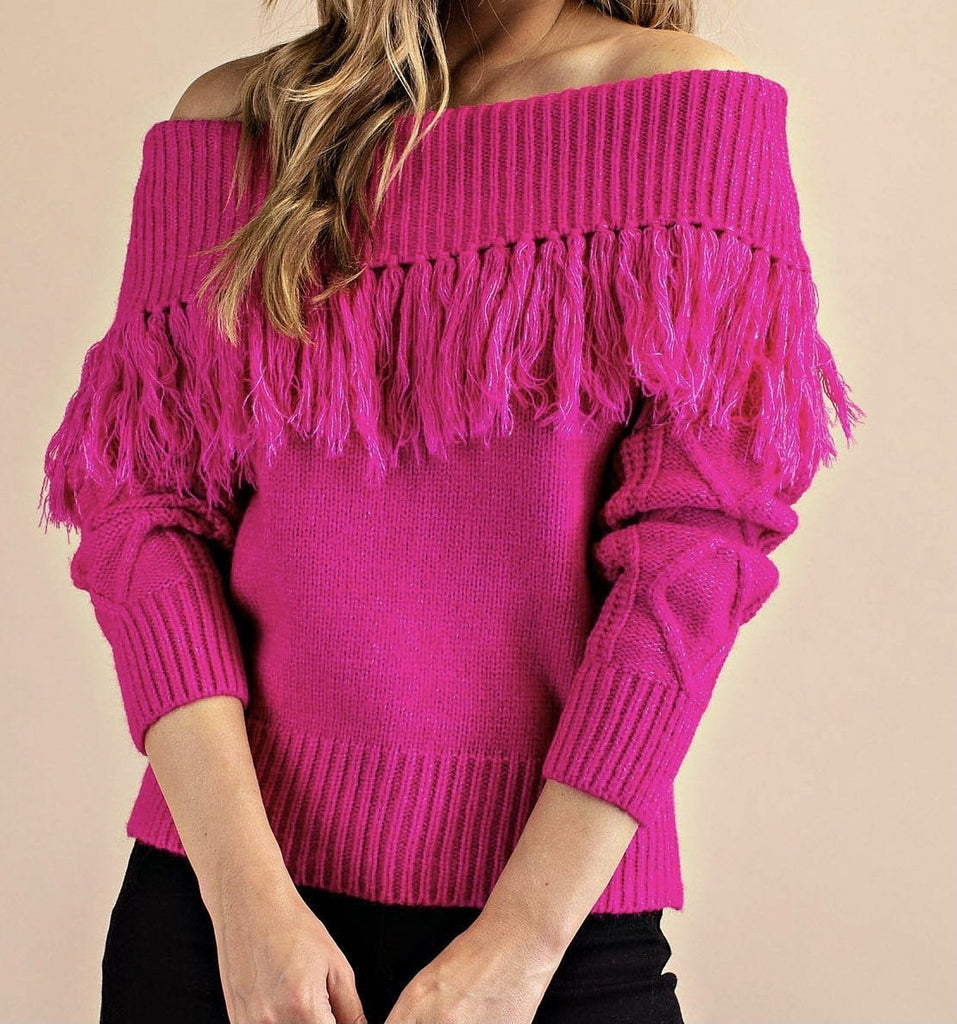 The Shirley Sweater: Fringe Off Shoulder Pink Sweater - MomQueenBoutique