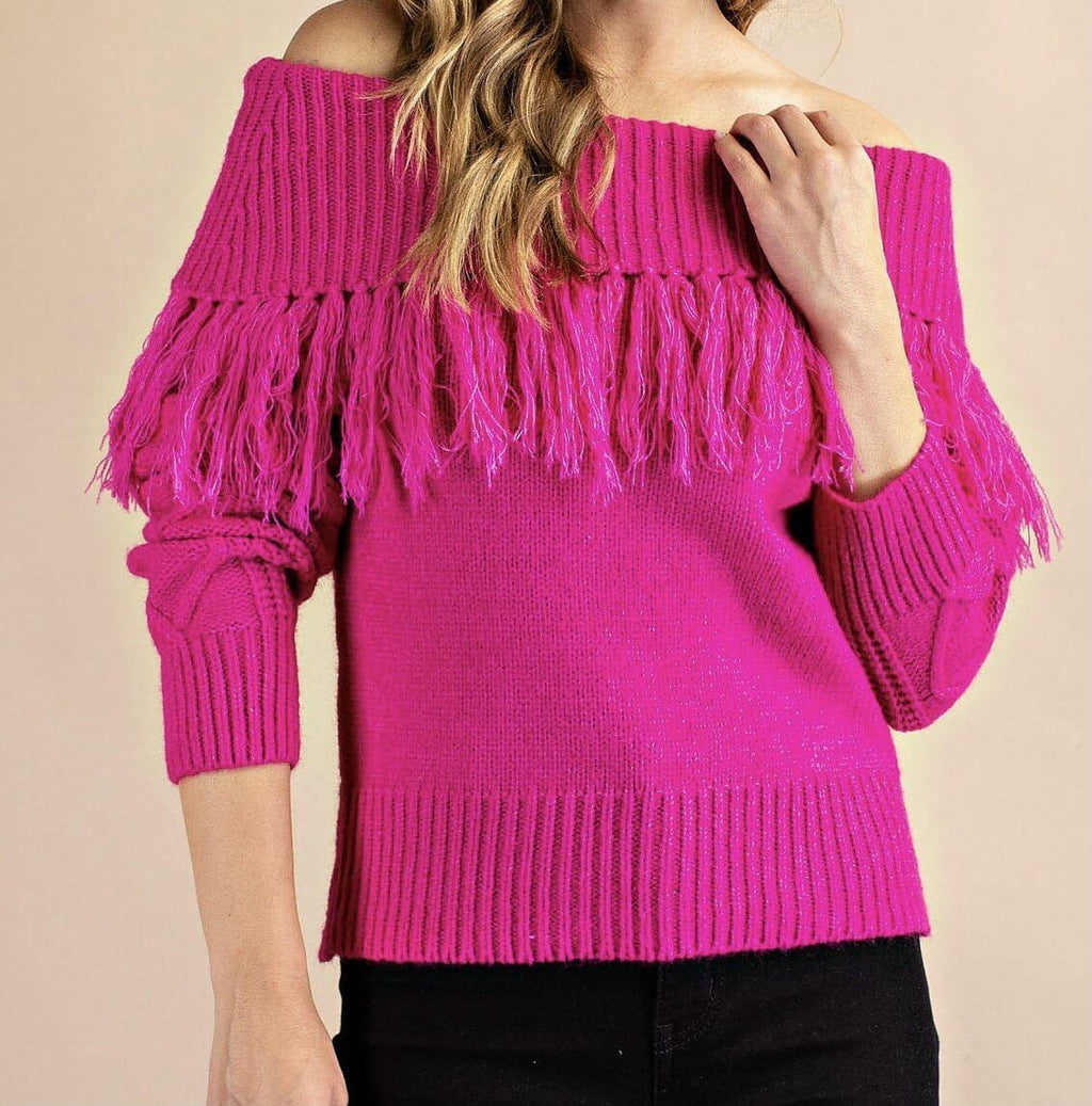 The Shirley Sweater: Fringe Off Shoulder Pink Sweater - MomQueenBoutique