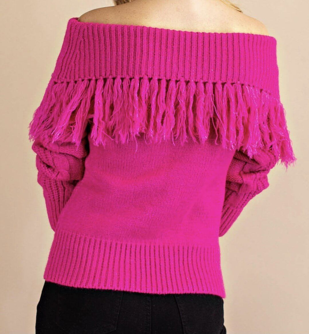 The Shirley Sweater: Fringe Off Shoulder Pink Sweater - MomQueenBoutique