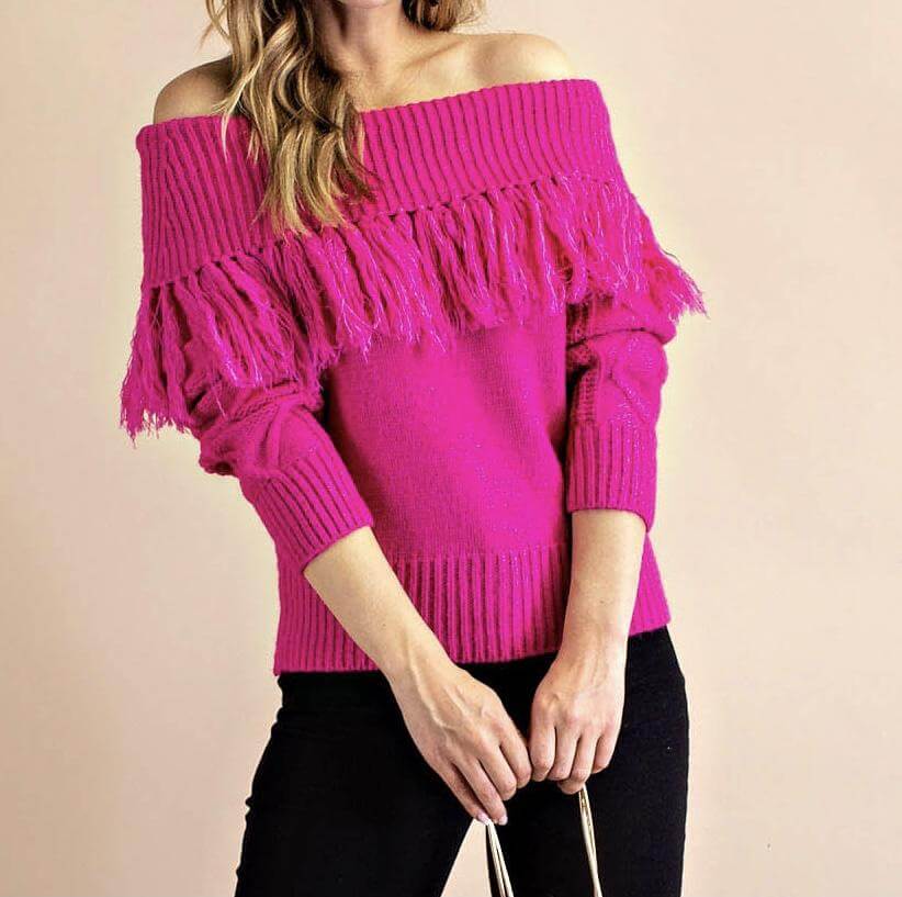 The Shirley Sweater: Fringe Off Shoulder Pink Sweater - MomQueenBoutique