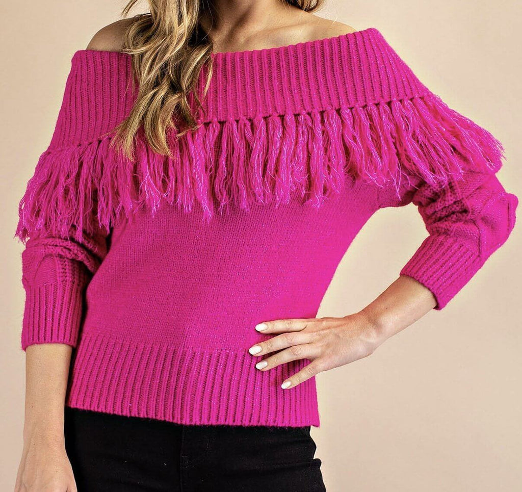 The Shirley Sweater: Fringe Off Shoulder Pink Sweater - MomQueenBoutique