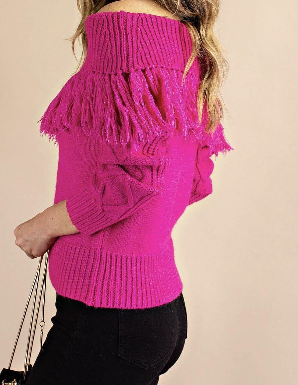 The Shirley Sweater: Fringe Off Shoulder Pink Sweater - MomQueenBoutique