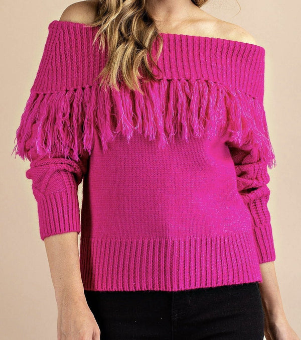 The Shirley Sweater: Fringe Off Shoulder Pink Sweater - MomQueenBoutique