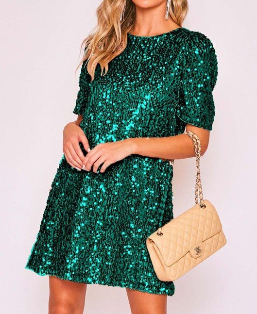The Stella Dress: Puff Sleeve Sequin Dress - MomQueenBoutique