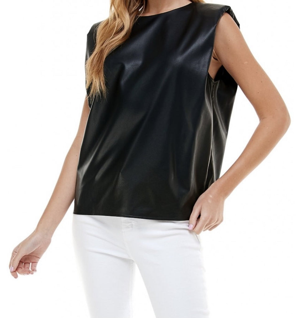 The Tammy Top: Pleather Sleeveless Power Shoulder Top - MomQueenBoutique