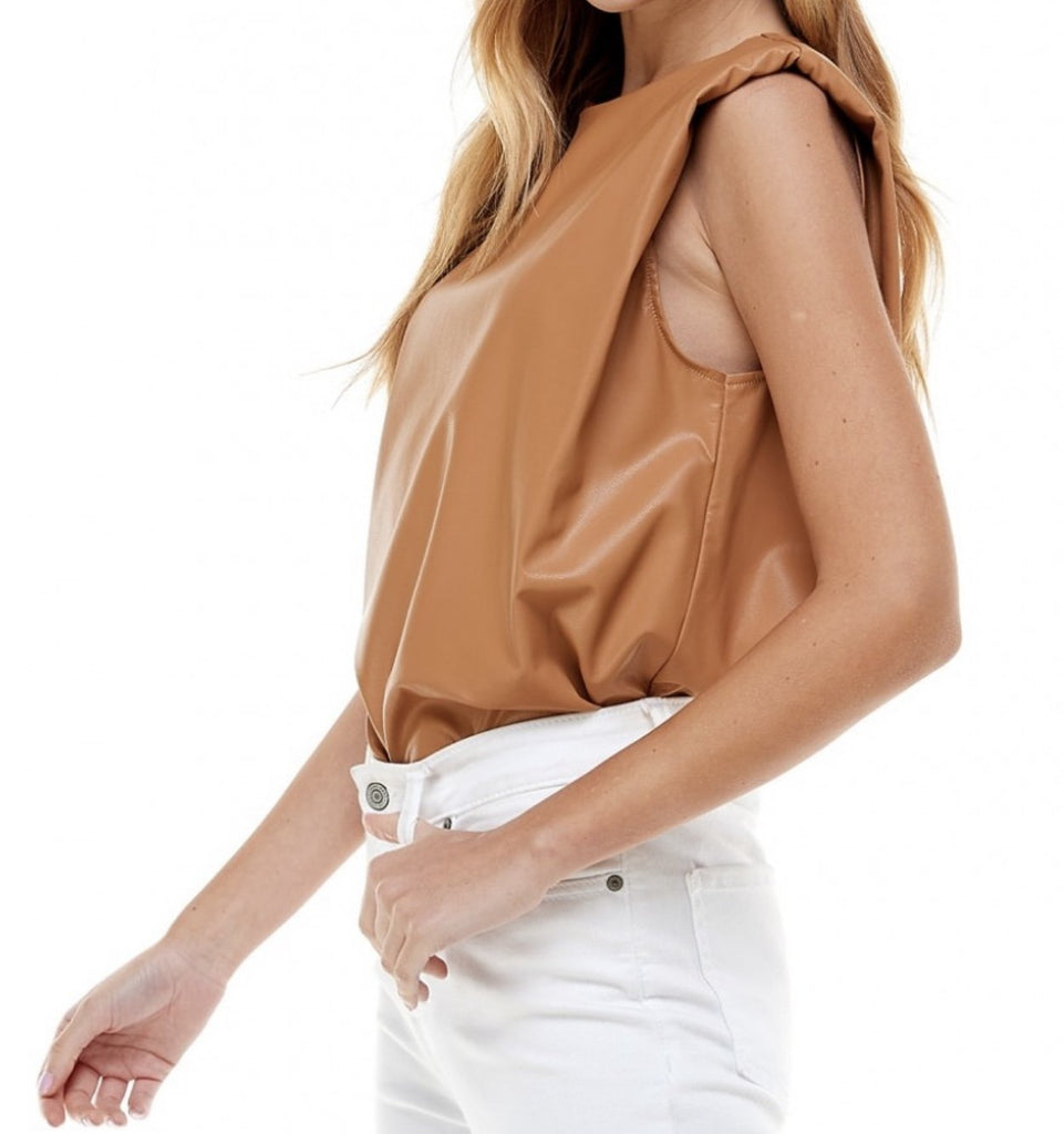 The Tammy Top: Pleather Sleeveless Power Shoulder Top - MomQueenBoutique