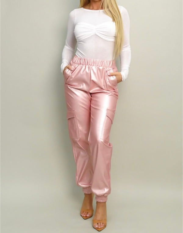 The Tricia Pants: Pink Pleather Jogger Pants - MomQueenBoutique