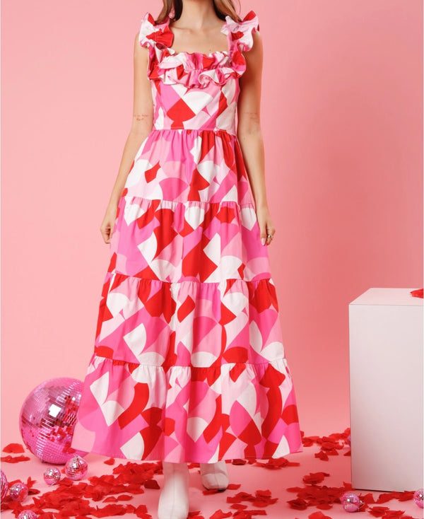 The Valentina Dress: Pink & Red Heart Printed Open Back Maxi Dress - MomQueenBoutique