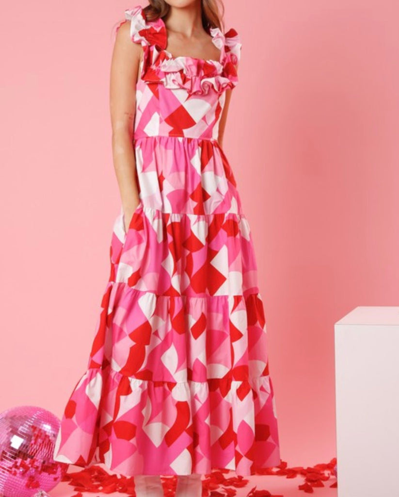 The Valentina Dress: Pink & Red Heart Printed Open Back Maxi Dress - MomQueenBoutique