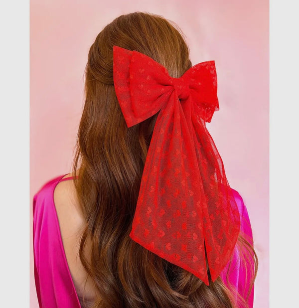 The Valentines Bow: Oversized Red Heart Tulle Hair Bow - MomQueenBoutique