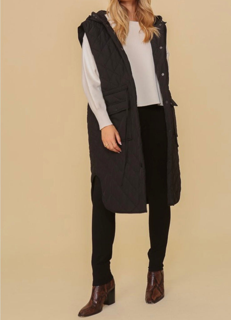 The Vallery Vest: Hooded Button Down Long Vest - MomQueenBoutique