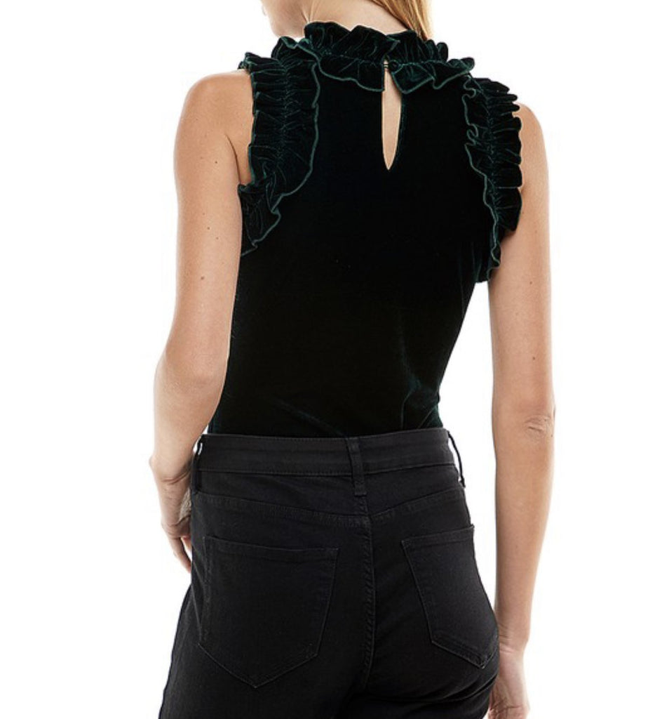 The Velvet Sawyer Bodysuit: Velvet Ruffle Sleeveless Bodysuit - MomQueenBoutique