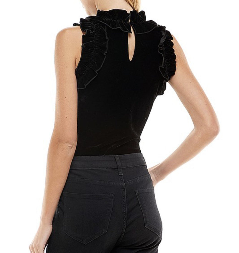 The Velvet Sawyer Bodysuit: Velvet Ruffle Sleeveless Bodysuit - MomQueenBoutique