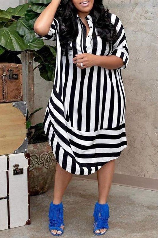 The Zelda Shirt Dress: Black & White Striped Shirt Dress - MomQueenBoutique