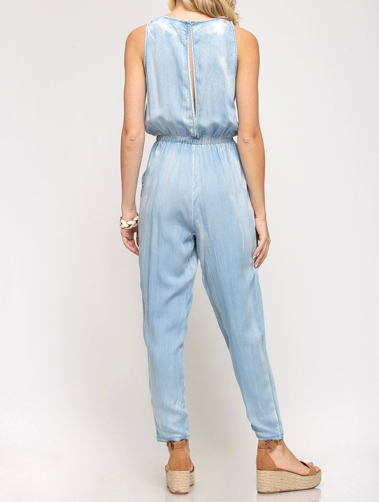 The Zoey Jumpsuit: Sleeveless Chambray Jumpsuit - MomQueenBoutique