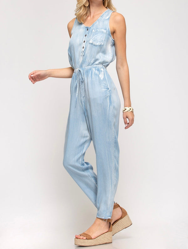 The Zoey Jumpsuit: Sleeveless Chambray Jumpsuit - MomQueenBoutique